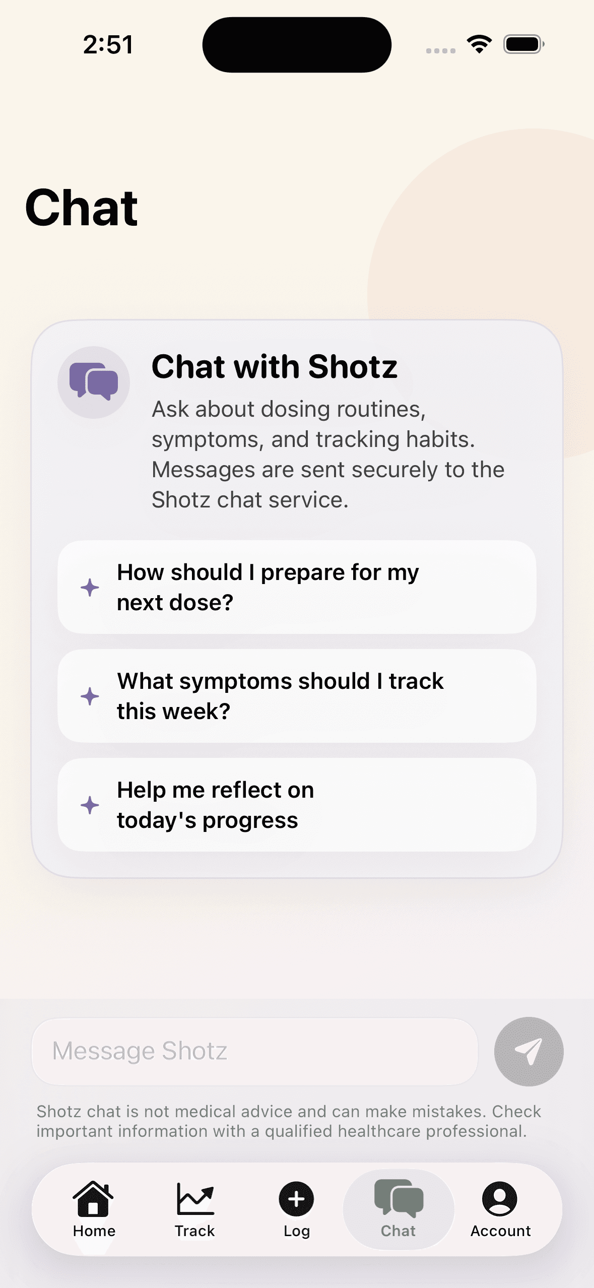 Shotz chat screen with starter prompts for routine reflection.