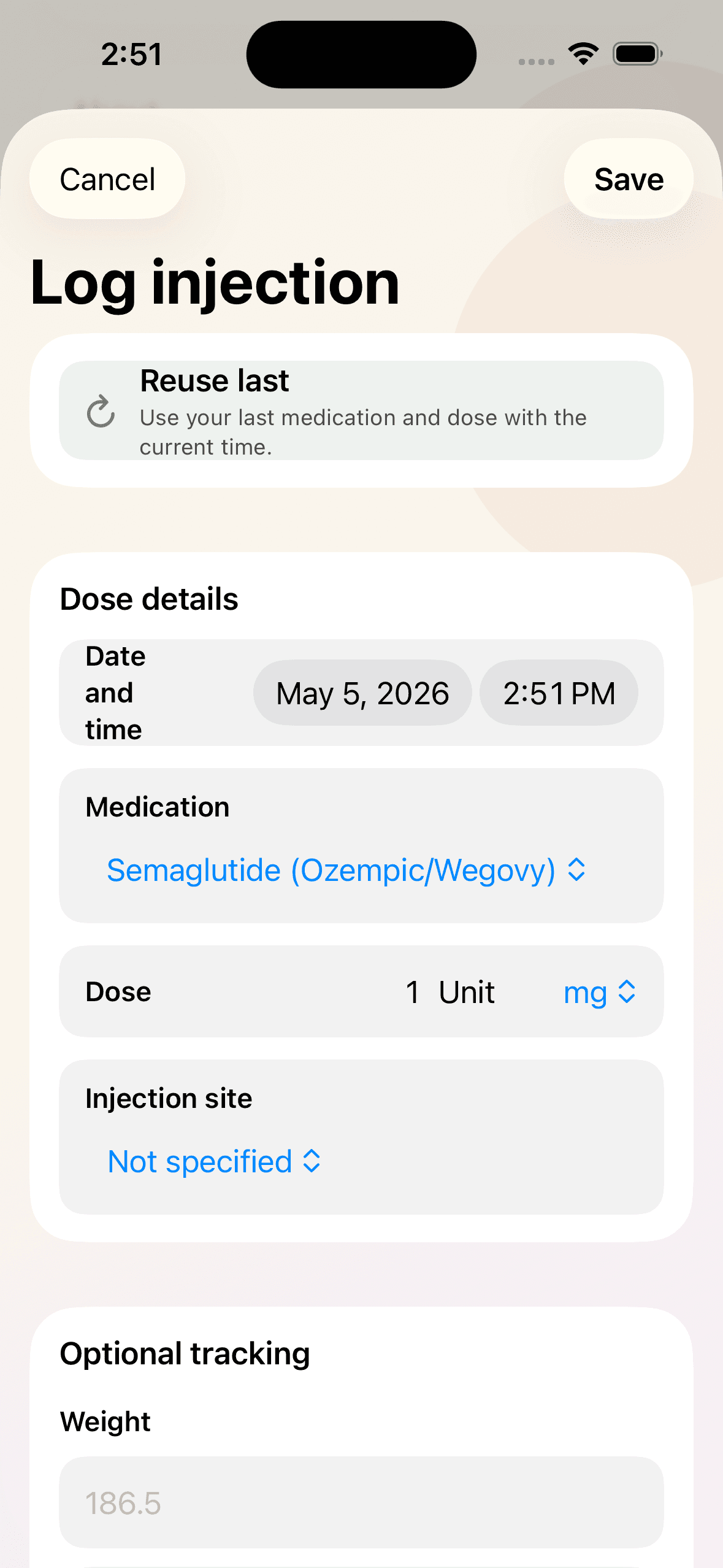 Shotz log injection screen with dose details and optional tracking.