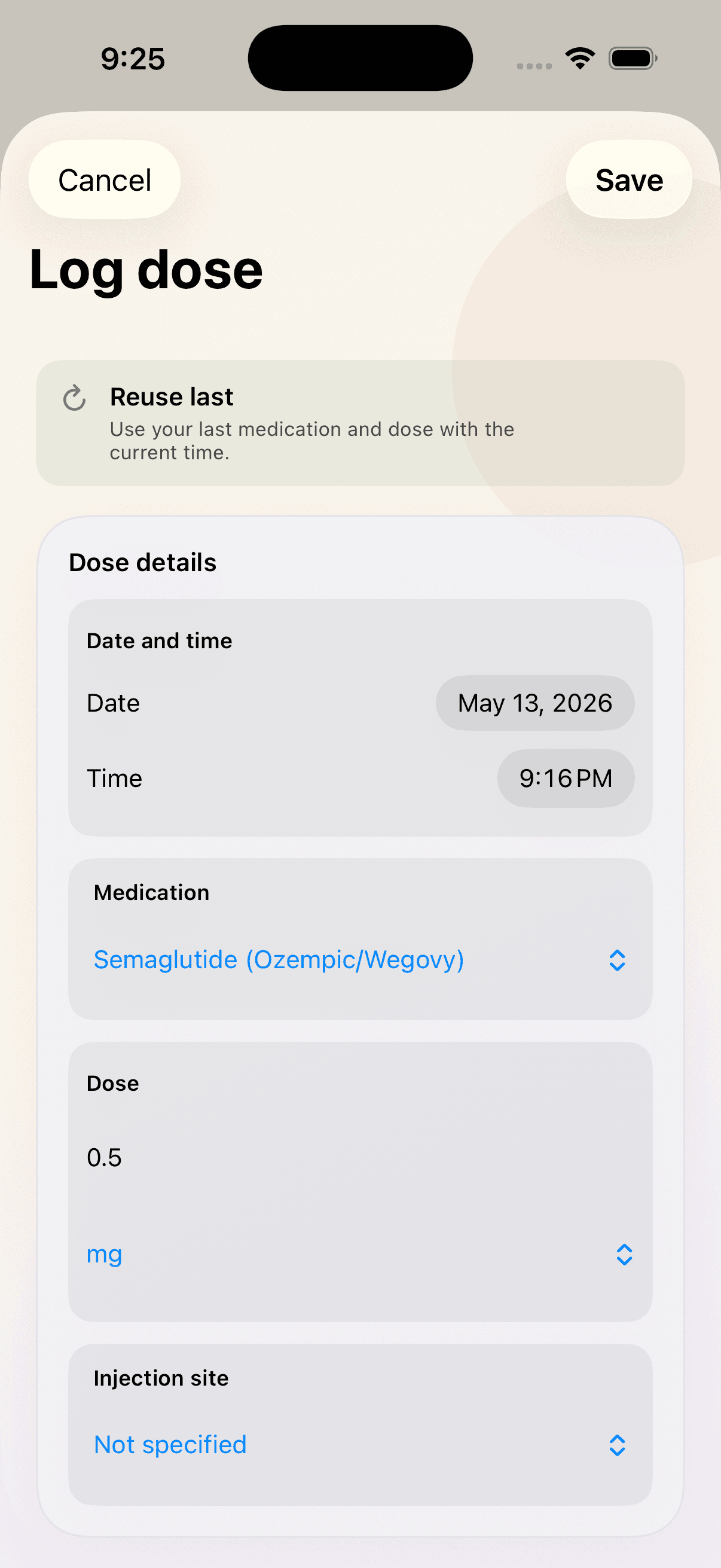 Shotz log dose screen with dose details.
